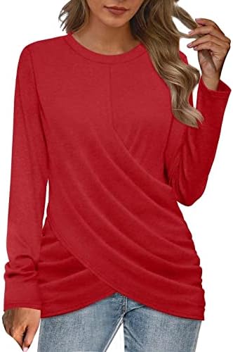 Nokmopo mulheres camisas femininas moda feminina casual cor sólida redonda pescoço cruzar blemas de manga longa solta