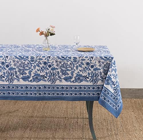 Labhanshi Indian Block Print Toel Toel, tampa de mesa de algodão floral, toalha de mesa azul Jaipur, tabela de mesa de tabela de tabela retângulo Boho Tonela de mesa
