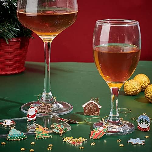 Sunnyclue 1 Box 14 Conjunto de Natal Marcadores de vidros de vinho Charms Wine Glass Markers para copos sem haste Esmalte os encantos de Natal Snowman Snowflake Papai Noel Box Box Box Wine Identifiers