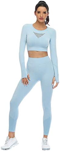 Conjuntos de treino Jollmono para mulheres 2 peças Roupa de ginástica Yoga Leggings sem nervuras com blusas de manga longa