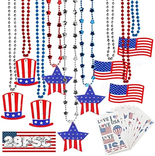 28 PCS 4 de julho Favores de festa de acessórios, 18pcs colares de contas de estrela patriótica de 18pcs+10 pcs adesivos de tatuagens