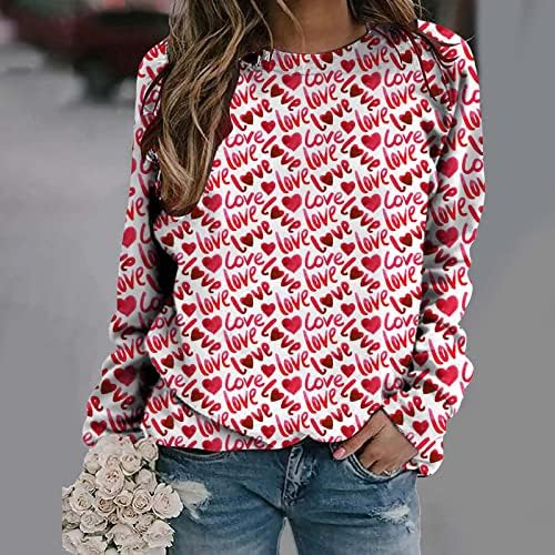 Camisetas do Dia dos Namorados da LMSXCT para mulheres, amor colorido, coração impresso em moletom de moletom casual da tripulação do pescoço de pescoço gráfico Tees