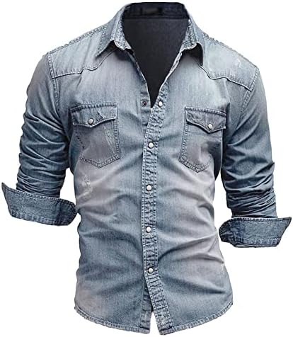 Camisa de jeans de manga longa masculina Button-down casual camisetas de ajuste regular ocidentais