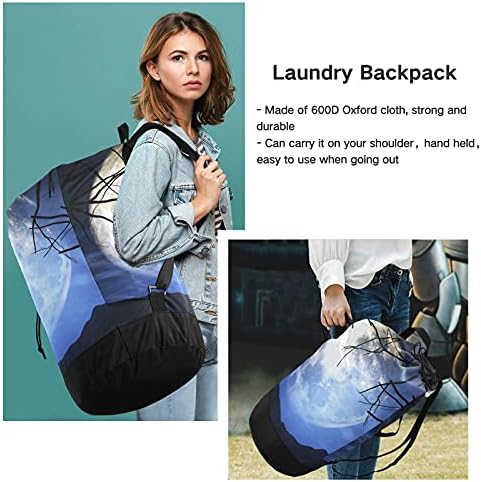 Feliz Halloween Moon Laundry Bag com tiras de ombro para lavanderia Backpack Bag Fechamento de cordão de tração Handper Hurse