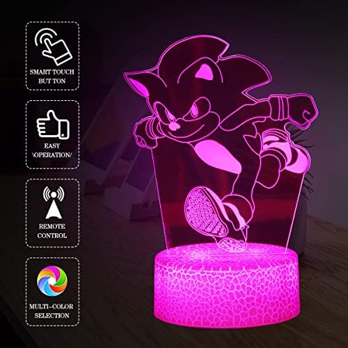 Jenjoppe 16 Cores 3d Sonic Anime Lamp, The Hedgehog Night Light, com toque remoto de anime Lvic de mesa Decoração Night Birthday Birthday Christmas Presentes para crianças, meninos, meninas