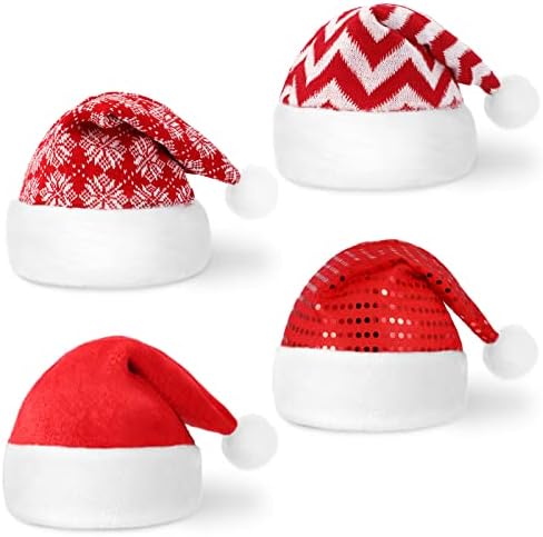 4 pcs chapéu de natal unissex adultos santa chapéus glitter lenço chapéu de natal pelúcia chapé de natal branco e vermelho
