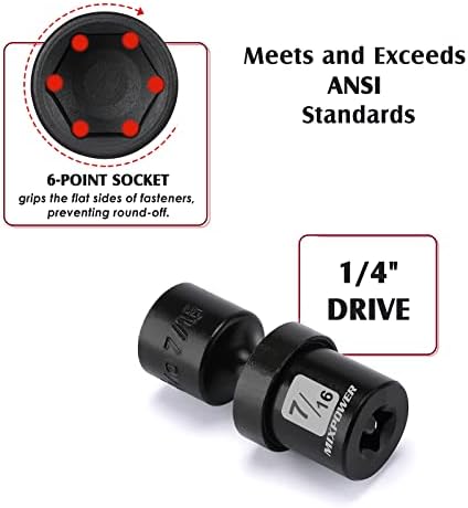 MixPower 6pcs 1/4 Drive SAE Universal Impact Socket Set, 1/4 - 9/16 , soquete giratório com balanço flexível, CR -MO