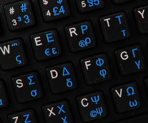Adesivos de teclado grego 4keyboard com letras azuis em fundo transparente