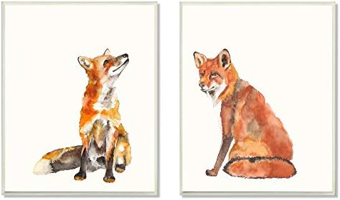 Stuell Industries Curiosa Fox Orange Watercolor Animal Paintings, Design de Jennifer Goldberger Art, 2pc, cada um 10 x 15, placa de parede
