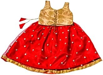 Tradição Índia Brocada de ouro e líquido vermelho sem mangas lehenga choli, designer Pattu pavadai, desgaste étnico infantil