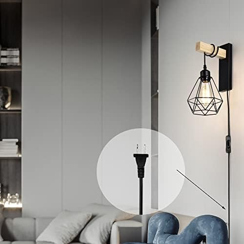 Conecte arandelas de parede Conjunto de duas lâmpadas industriais de parede com plugue de 6 pés no cordão de madeira arande