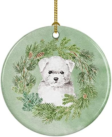 Tesouros de Caroline CK8913CO1 Bichon Frise Puppy Christmas Wreath Ceramic Ornament, Decorações de árvores de Natal, ornamento