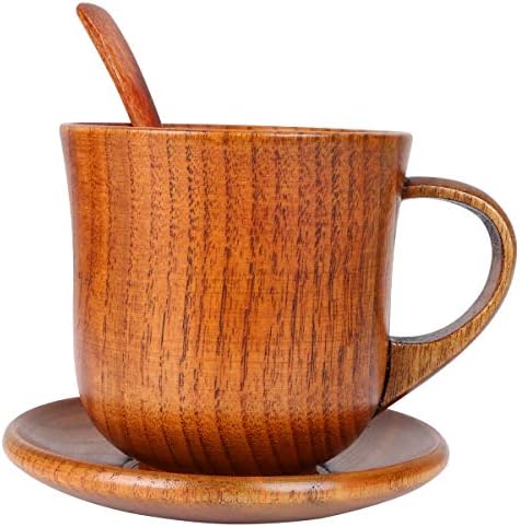 Doitool 1pc Copa de chá de caneca de madeira xícara de leite com pires e mini colher para restaurante em casa