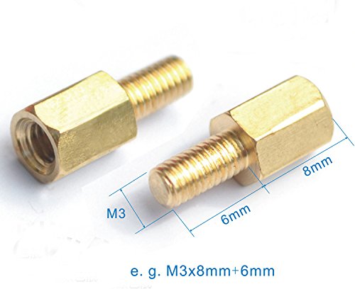 M3 x 16 mm+6mm hexáticos de fêmea-feminino, comprimento do fio masculino 6 mm, latão, pacote de 50 peças
