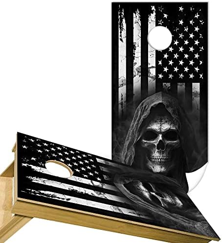 NPVU Black American Bandle Skull Cornhole Placa, decalques de cornhole, envoltórios para tábuas, peles de cornhole para tábuas,