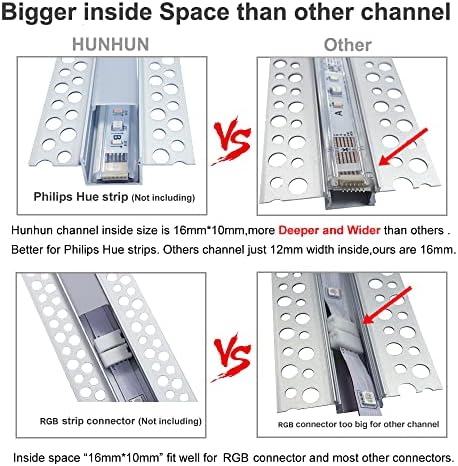 Hunhun 6-Pack 6-Pack/2 metros de gesso em canal de LED, canal de alumínio embutido sem acabamento com flange duplo, canais de LED para tira de LED, super para faixa mais ampla, como a Philips Hue