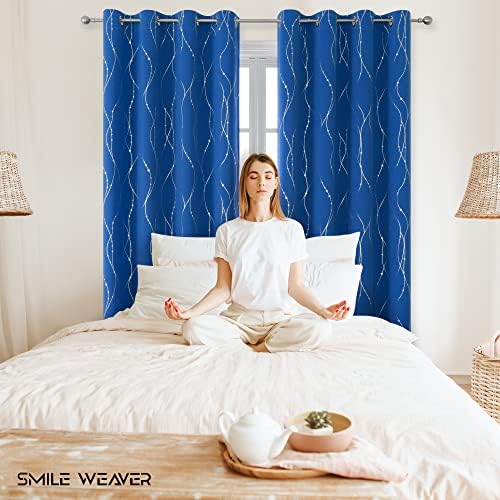 Smile Weaver Royal Blue Star Blackout Cortinas 54 polegadas de comprimento para crianças quarto impressão prateada Design