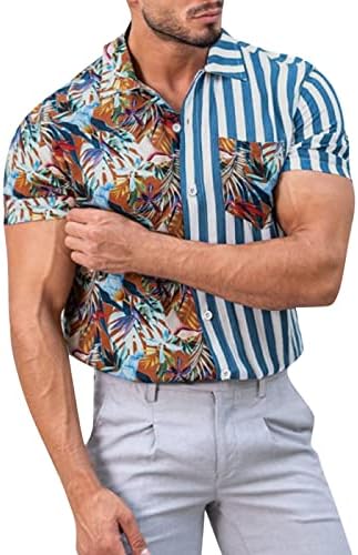 Camisas havaianas de homens masculinos, listras de retalhos de retalhos de retalhos curtos de manga curta, botão da praia do verão, camisa casual de férias casuais