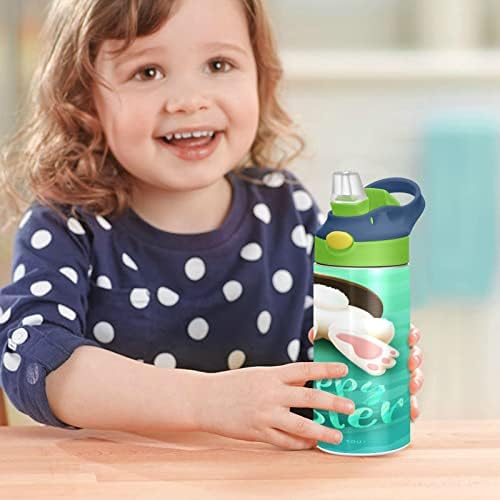 Kigai Rabbit Easter Kids Water Bottle com tampa de palha, copo reutilizável de aço inoxidável isolado para crianças pequenas, meninas, meninos, BPA Free & Leak Proof