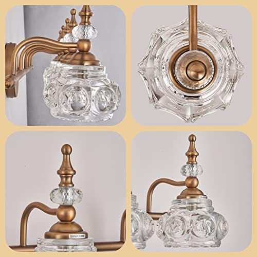 Zilanl Brass Light Vanity Vaity Light, luminária de vaidade do banheiro vintage com tom de vidro de cristal espesso,