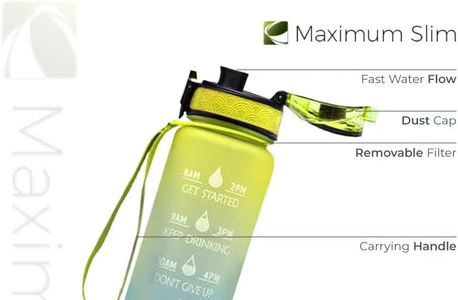 Garrafa de água magra máxima com marcador de tempo, garrafa de água motivacional de 32 oz/1000 ml com filtro, garrafa