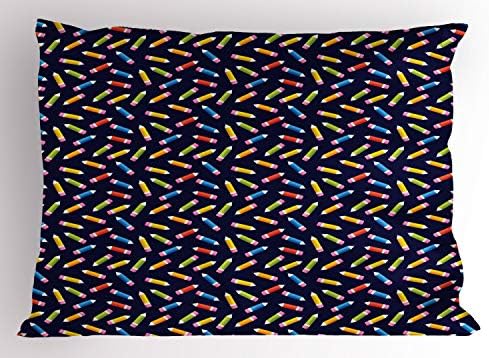 Ambesonne Colorful Pillow Sham, Lápis de volta para colorir artista de felicidade, Projeto de Tamanho Padrão Decorativo, travesseiro impresso, 26 x 20, Indigo e multicolor