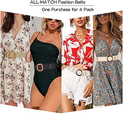 Conjunto de 4 palha de 4 palha elástica cinto de cintura para mulheres, moda boho damas trançadas cinto de vestido magro