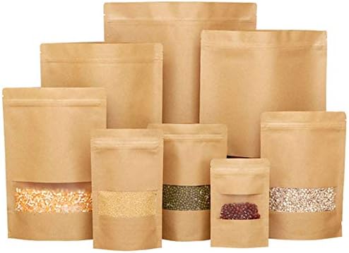 50 PCS Kraft Bags com janela Stand -Up Ziplock Sagão de papel de vedação selvagem bolsa de armazenamento de alimentos