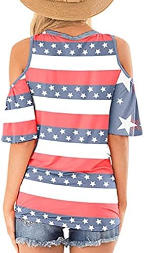 LMDUDAN 2023 Dia da Independência ombros frios Tops de mulheres 4 de julho Camisetas American Flag listrado V Neck Casual Blouse Tees