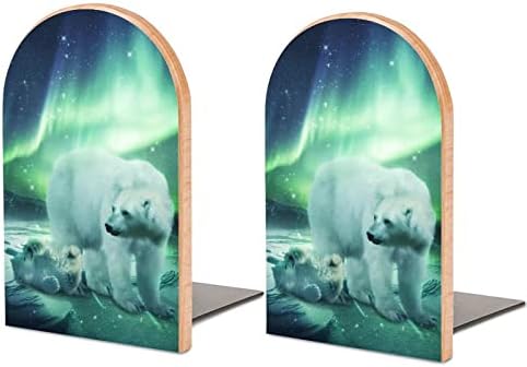 Northern Lights Polar Bear Livro para prateleiras Livro de madeira Stand titular para biblioteca Escola Office Home Study