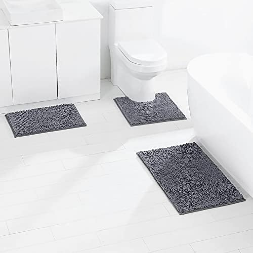 3 peças Ranco de banheiro conjuntos de tapete de banho de chenille macia com 19,7''x19.7 ' Lavável cinza claro