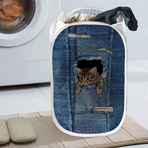 Afpanqz fofo de jeans de gato cestas de lavanderia dobrável malha pop up lavanderia lavanderia Bin cesto cesto berçário brinquedo arrumado Organizador de armazenamento Large Organizador Blue 85L, 14,5x14.5x24.5