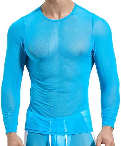 Mizok mash de malha masculina veja através de camisa de manga longa pura do taco de clubes transparentes de camisetas