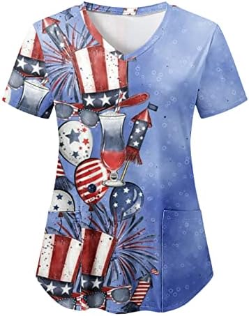 Camisetas de bandeira americana para mulheres 4 de julho de verão de luva curta camisetas em V com 2 bolsos Bloups Holiday Casual Workwear