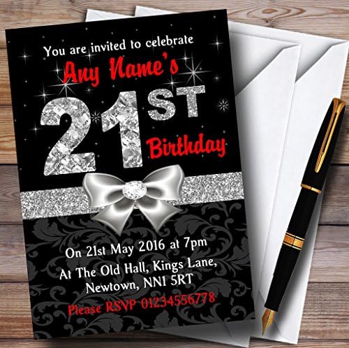 Red Black Silver Diamond 21st Birthday Party Convites personalizados