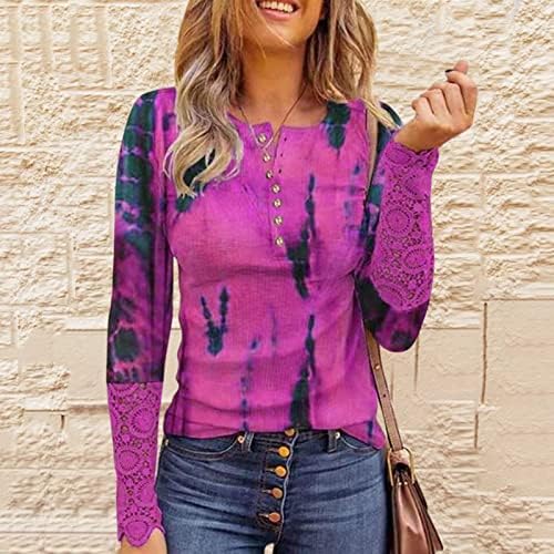 Usuming Button feminino Henley Tops Tops Rospete a camisa fita Tatchwork Lace Hollow Out Blouse Floral Impresso Camiseta