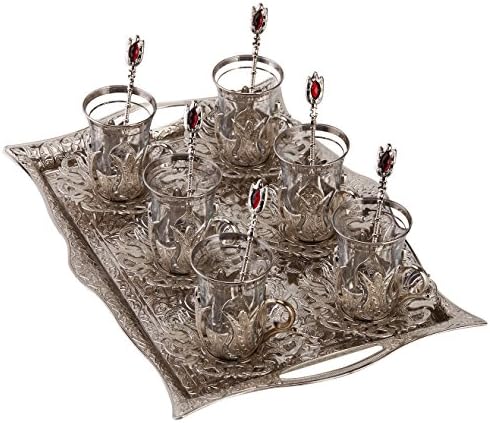 Conjunto de chá turco para 6 - copos com tampas de bronze bandeja de pires e colheres de vidro, 25 pcs