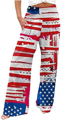 4 de julho Pants para mulheres de verão Palazzo calça de bandeira EUA Prind Prind Bottoms Bottôs de cintura alta bolsos da praia