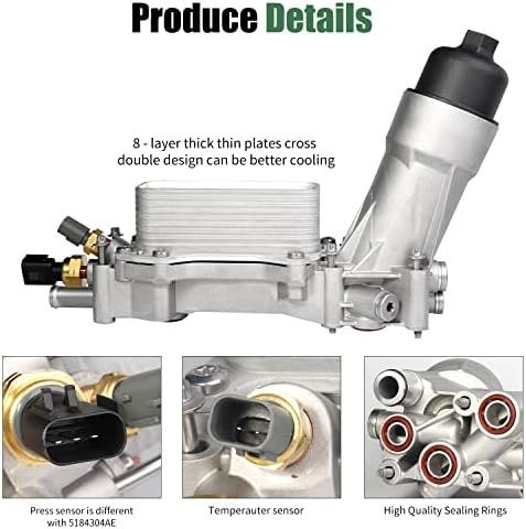 RECERMOR DE ÓLEO DO MOTOR DE ALUMINA W/Adaptador de caixa do filtro de óleo Juntas do sensor compatível com 2017 2018 Dodge Charger Journey Challenger, Chrysler 200 300, Wrangler, Ram Promaster 3.6L V6#68310865AB