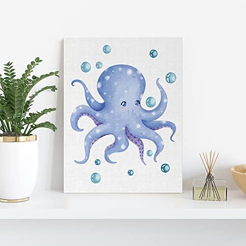 Arte de parede de lona de berçário, polvo, obra de arte aquarela do mar Decoração de parede de parede Decoração de parede emoldurada Decorações de parede para meninas garotas garotas garotas quartos de jogo, pronto para pendurar 12x15