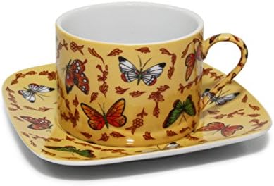 Porcelana de royalty Butterfly Copa de chá de cor brilhante e pires, serviço para 6, porcelana fina