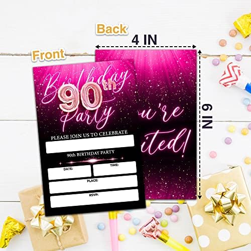 DOQPO 90º aniversário convites para meninas, convites de festa de aniversário de neon, convite de aniversário em neon rosa, decorações
