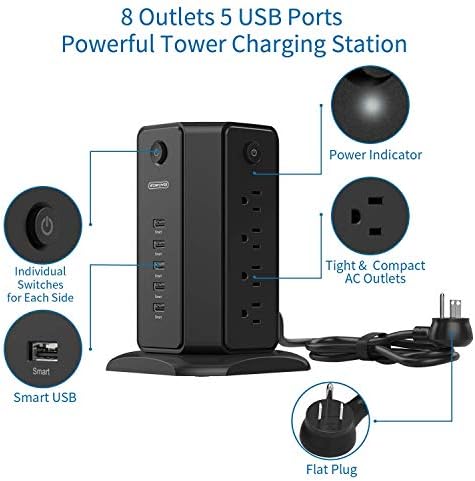 Pacote de tira de potência de plugue plana NTONPOWER, 7 pontos de venda Protetor de surtos com cordão de 25 pés e 8 lojas Tower Power Strip com cordão de 6 pés, plugue de ângulo reto para escritório, casa, mesa de cabeceira, dormitório