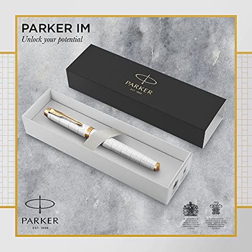 Parker Im Pen Fountain Pen | Laca de pérolas premium com acabamento dourado | Ponto médio com cartucho de tinta azul | Caixa de presente