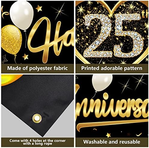 Kauayurk Feliz 25º aniversário de casamento Decorações de banner, Black Gold 25th Anniversary Sign Party Supplies, 25th Anniversary Decor Booth para Exterior