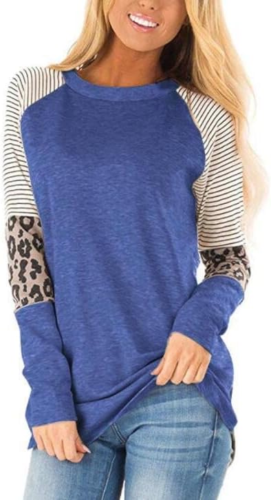 Nokmopo feminino na primavera e no outono de moda leopardo listra redonda pescoço de manga comprida t-shirt top slim brasic shirt