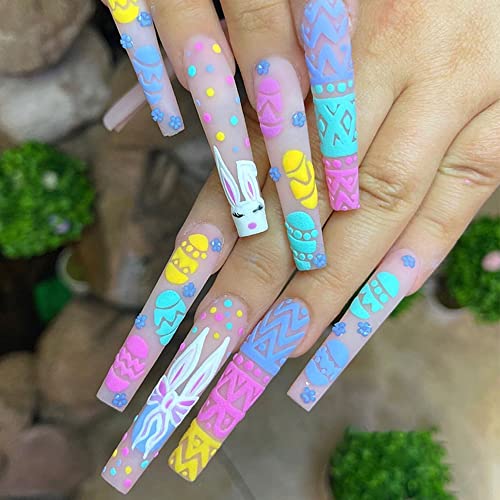 Bunny de Páscoa Pressione Longo Pressione Nails Coffin Ponto Fake Nails Páscoa colorida ovo de onda de onda de onda com desenhos fofos unhas acrílico unhas de capa completa unhas falsas para mulheres e meninas 24pcs