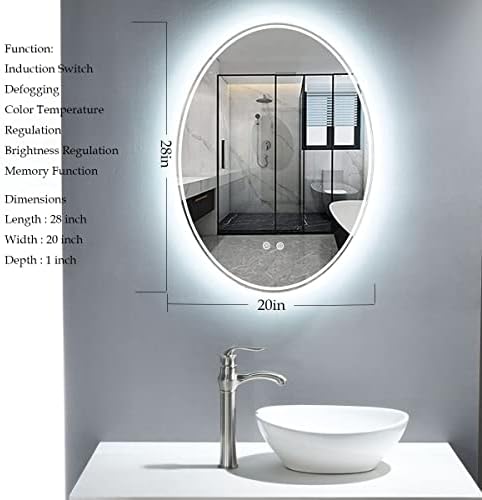 Vokim 28x20 polegadas Oval Mirror de banheiro iluminado LED, espelho anti-capa com botão leve, diminuído, toque, prova de água, horizontal/vertical,