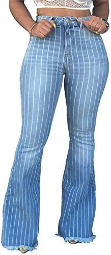 ANDONGNYWELL Damas soltas Casual Cantura alta jeans listrada Larde de perna larga calça jeans de fundo de sino