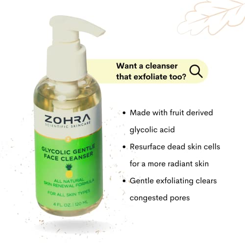 Cleanser facial glicólico Zohra-lavagem de face de ácido glicólico suave-limpador de rosto natural com extratos de ervas,